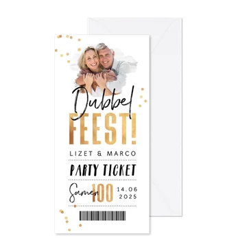Uitnodiging dubbel feest samen 100 goud confetti ticket